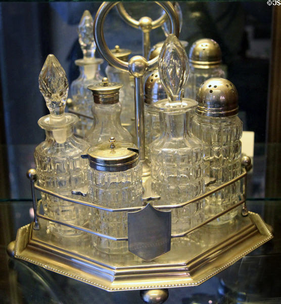 Cruet set on octagonal stand at Historical Glass Museum. Redlands, CA.
