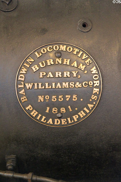 Baldwin Locomotive Works of Philadelphia makers plate (1881) on Grizzly Flats narrow gauge steam locomotive #2 by at Orange Empire Railway Museum. Perris, CA.