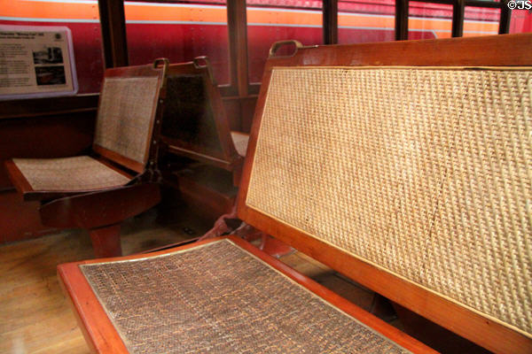 Reversible wicker seats on trolley car at Orange Empire Railway Museum. Perris, CA.