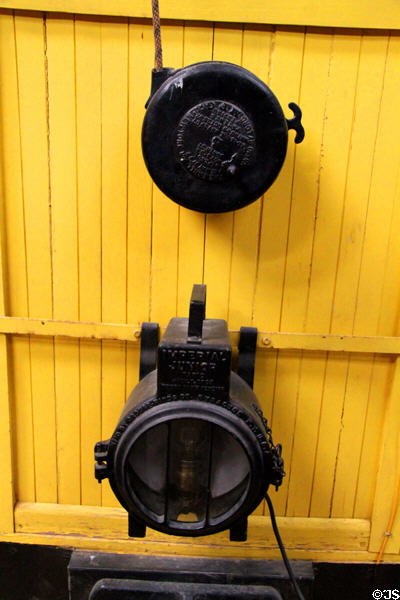 Headlamp & pole rope winder on Bakersfield & Kern Electric Railway N. 4 (1900) by Holman Car Co. of San Francisco at Orange Empire Railway Museum. Perris, CA.