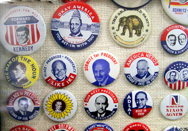 Collection of Presidential campaign buttons at Orange Empire Railway Museum. Perris, CA.