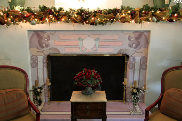 Fireplace with Egyptian-style design at Clarke Estate. Santa Fe Springs, CA.