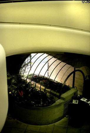 Looking down at entrance archway & ramps of Frank Lloyd Wright building. San Francisco, CA.