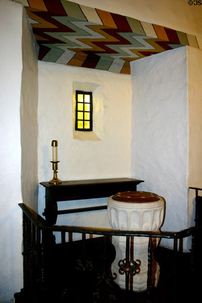 Replica of original baptismal font in Mission Dolores chapel. San Francisco, CA.