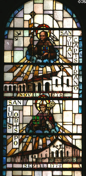 San Juan Capistrano & San Luis Obispo missions in stained glass at Mission Dolores. San Francisco, CA.