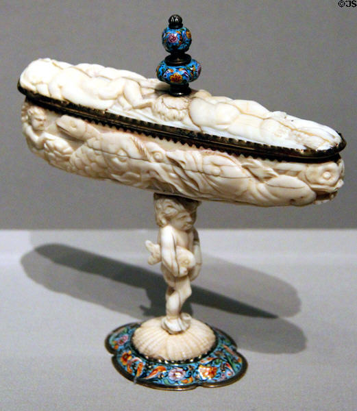 Narwhal horn carved silver mounted cup (c1670) prob. from Augsburg, Germany at Legion of Honor Museum. San Francisco, CA.
