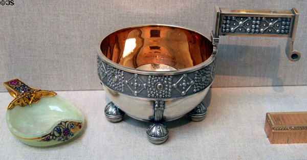 Two Russian-style Kovsh ladle cups (1896-1908) in jade + gold with gems & silver both by Peter Carl Fabergé of Saint Petersburg at Legion of Honor Museum. San Francisco, CA.