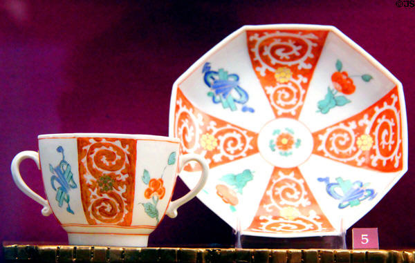 Porcelain two-handled coffee cup & saucer (c1730) by Meissen Porcelain Manuf. of Germany at Legion of Honor Museum. San Francisco, CA.