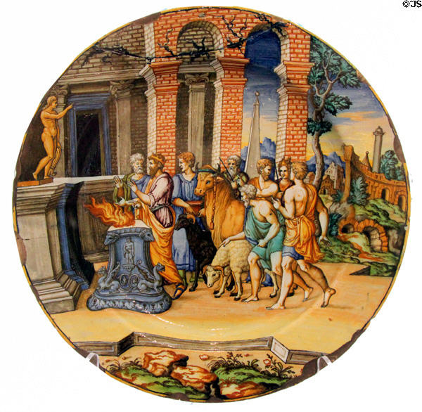 Majolica charger with Psyche's Father Consulting the Oracle (c1550-70) from Italy at Legion of Honor Museum. San Francisco, CA.