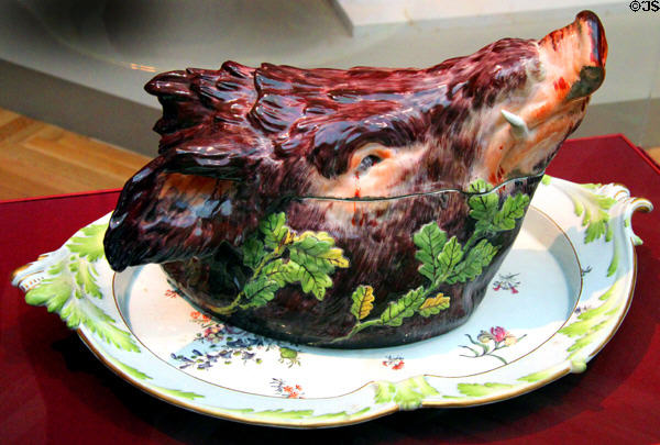 Porcelain boar's-head tureen (c1754) & platter (c1770) from Chelsea, England at Legion of Honor Museum. San Francisco, CA.