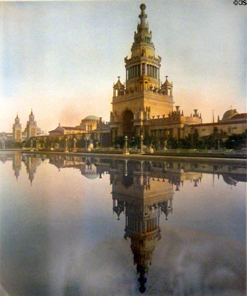 Colored graphic shows Tower of Jewels of Panama-Pacific International Exposition (1915) at California Historical Society. San Francisco, CA.