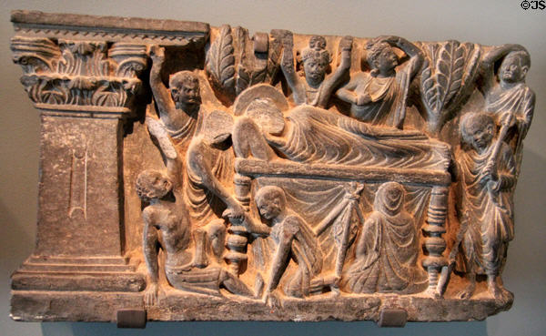 Death of the Buddha sculpture (c100-300) from Gandhara, Pakistan at Asian Art Museum. San Francisco, CA.