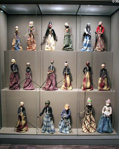 Collection of Wayang rod puppets (20thC) from Java, Indonesia at Asian Art Museum. San Francisco, CA.