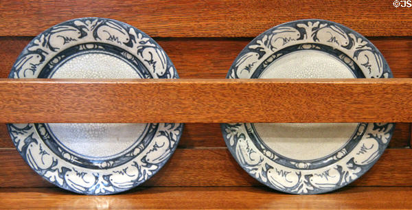 Pair of crackleware rabbit plates (1896-1928) by Alice Morse & Joseph Linden Smith of Dedham Pottery, Dedham, MA at de Young Museum. San Francisco, CA.