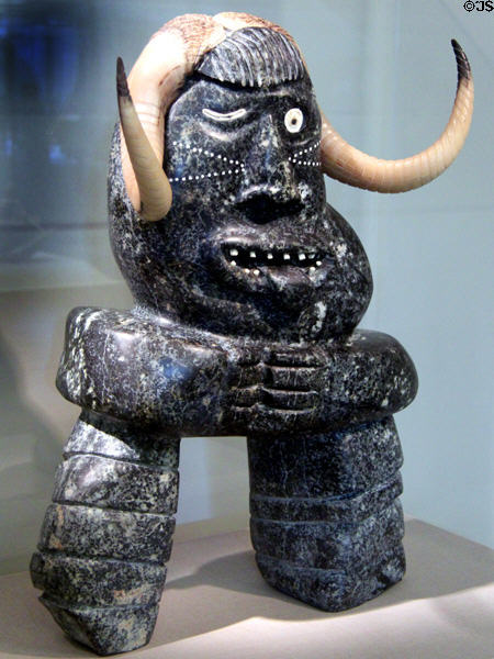 Inuit soapstone Inukshuk (1981-2) by Judas Ullulaq of Gjoa Haven, Nunavut at de Young Museum. San Francisco, CA.