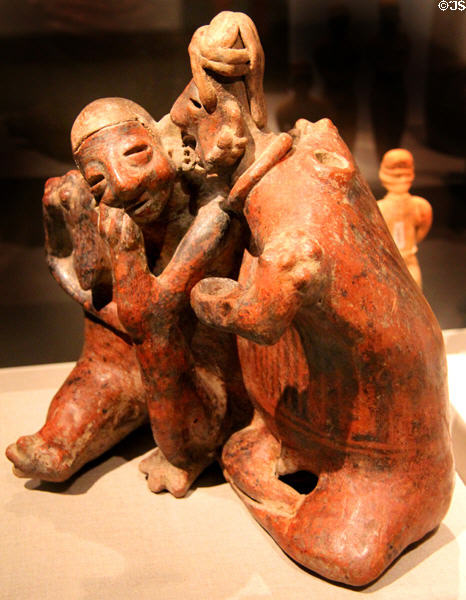 Nayarit earthenware joined male & female figures (300 BCE-300 CE) from West Mexico at de Young Museum. San Francisco, CA.