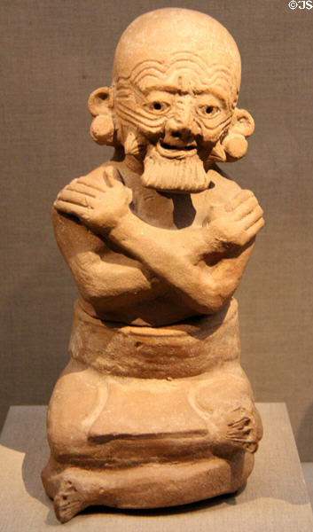 Maya earthenware two-part vessel of Old Fire God (600-800) from Honduras at de Young Museum. San Francisco, CA.