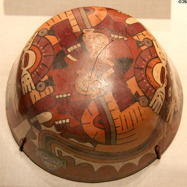 Nasca earthenware bowl with two warrior demons & trophy heads (400-1000) from Peru at de Young Museum. San Francisco, CA.