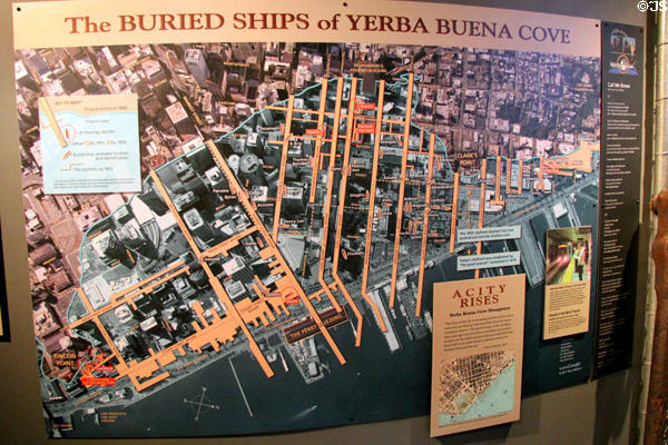 Map of ships abandoned during gold rush buried under San Francisco at Maritime National Park Welcome Center. San Francisco, CA.