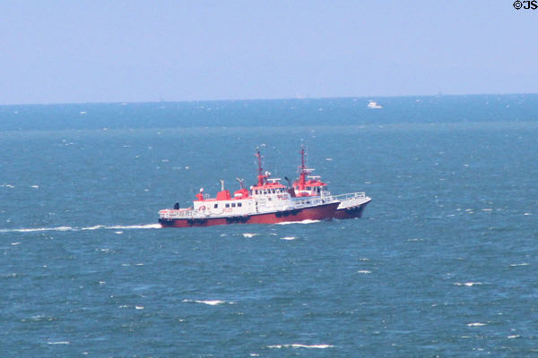 Pilot boats wait off Cliff House to guide in freighters. San Francisco, CA.