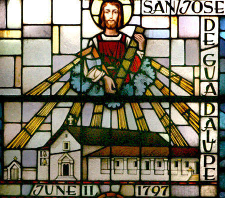 Stained glass detail of San Jose de Guadalupe Mission. CA.