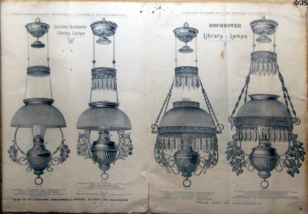 Hanging library lamp fixture catalogue at Mariposa Museum. Mariposa, CA.