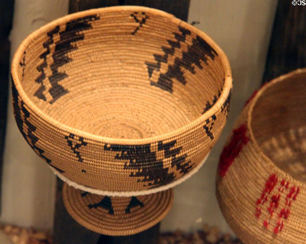 Miwuk Indian pedestal basket, coiled brakenfern at Mariposa Museum. Mariposa, CA.