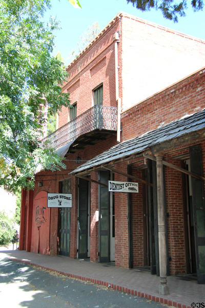 Row buildings on State St. containing Drug Store & Dentist Office at Columbia State Historic Park. Columbia, CA.