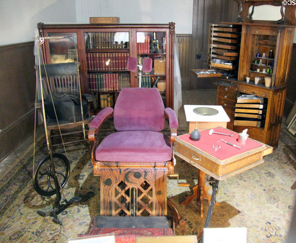 Interior of vintage dentist's office including foot operated drill at Columbia State Historic Park. Columbia, CA.