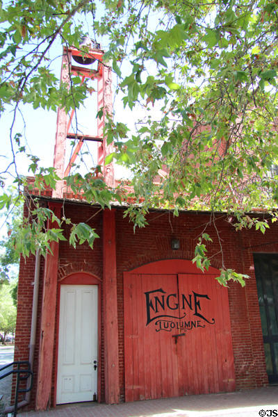Front of Firehouse Tuolumne Engine Company #1 on State St. with bell tower at Columbia State Historic Park. Columbia, CA.