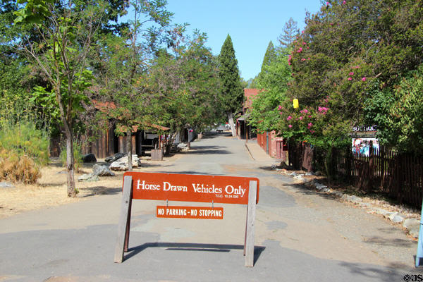 Street sign indicating horse drawn vehicles only at Columbia State Historic Park. Columbia, CA.