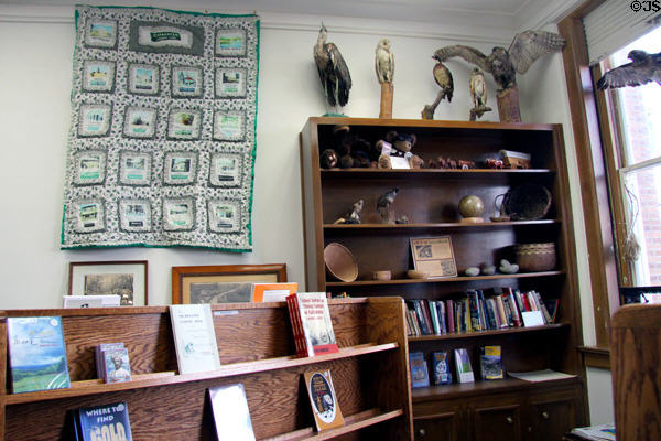 Quilt decorated with building in Calaveras County at Calaveras County Downtown Museum. San Andreas, CA.