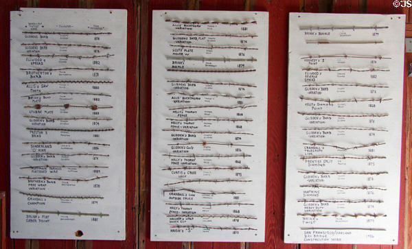 Display of many types of barbed wire at Red Barn Museum. San Andreas, CA.