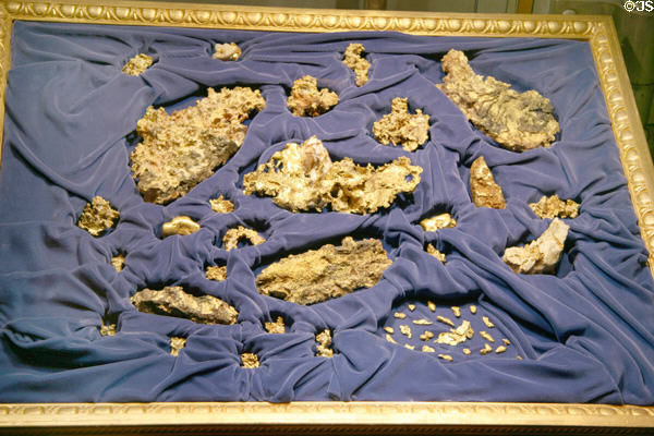 Collection of placer gold in former Treasurer's Vault at Placer County Museum. Auburn, CA.