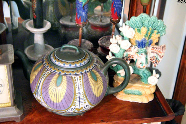 Purple & yellow teapot at Pardee Home Museum. Oakland, CA.