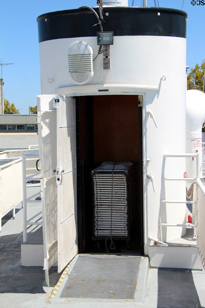 Presidential Yacht USS Potomac stack converted to conceal elevator used by Franklin D. Roosevelt to get his wheelchair to top deck. Oakland, CA.
