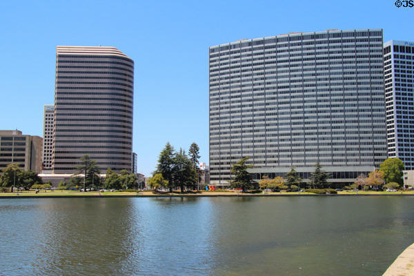 Lake Merritt Plaza & Kaiser Center over Lake Merritt. Oakland, CA.