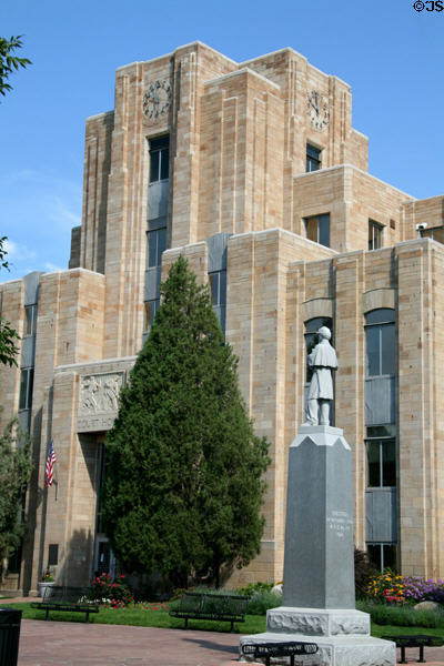 Boulder County Courthouse Art Deco ziggurats & Civil War Memorial. Boulder, CO.