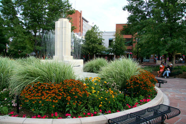 Pearl Street Mall fountain with flowers. Boulder, CO.