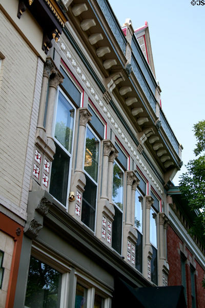 Elaborate Victorian building front on Pearl Street Mall. Boulder, CO.