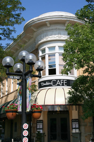 Boulder Café building with elaborate cornice (1247 Pearl St.). Boulder, CO.