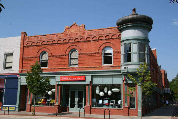 Willard building with round corner tower on Broadway. Boulder, CO.