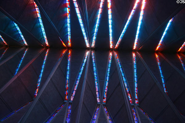 Looking up to ceiling & stained glass of USAF Academy Chapel. Colorado Springs, CO.