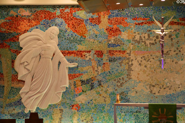 Detail of Virgin Mary by Lumen Martin Winter on reredos of lower Catholic chapel of USAF Academy Chapel. Colorado Springs, CO.