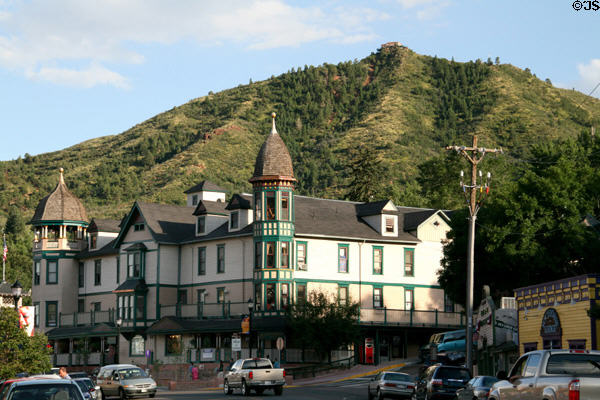 Barker House (1872-1890) (819 Manitou Ave.) was a prime resort hotel of 100 rooms with one bathroom per floor. Manitou Springs, CO. Style: Queen Anne Shingle. On National Register.