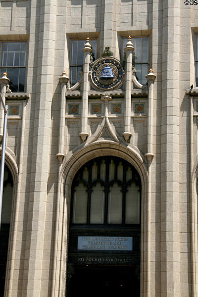 Gothic & Art Deco details of entrance of Telephone Building, a combination called Modern American Perpendicular Gothic. Denver, CO.
