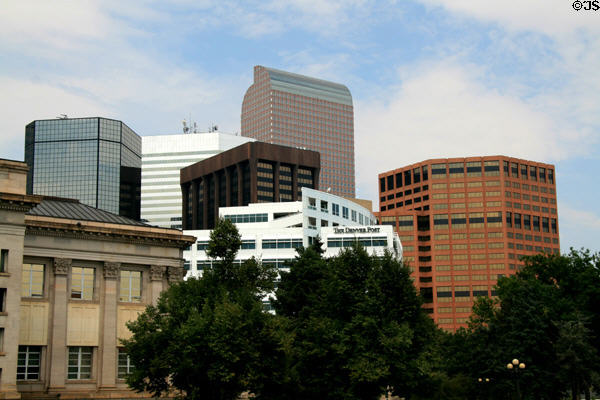 Variety of Denver highrises seen from Civic Center Park. Denver, CO.
