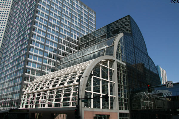 Atrium designs of Wells Fargo Center leading to nickname of "cash register". Denver, CO.