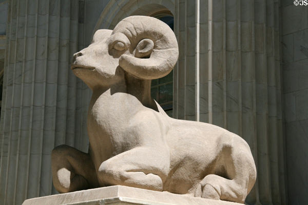 Carved ram at entrance of Byron White U.S. Courthouse. Denver, CO.