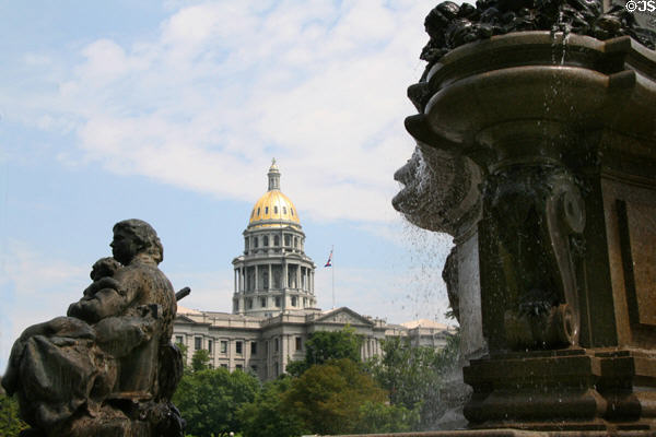 State Capitol see through Pioneer Fountain. Denver, CO.